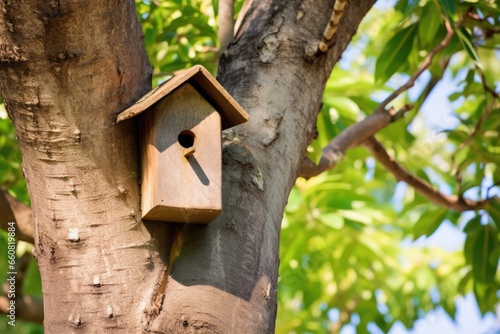 a secure wooden birdhouse in a tree, free from parasites