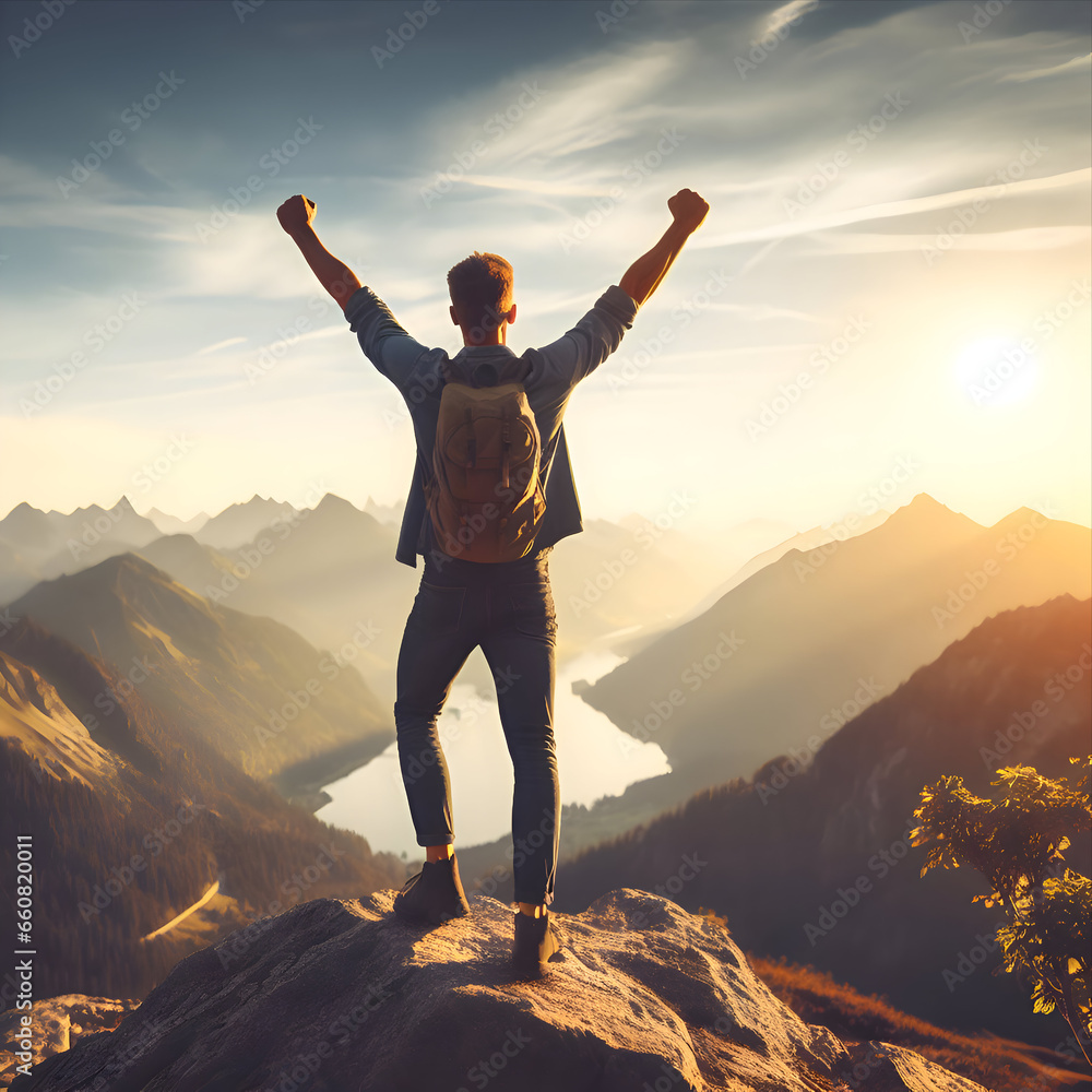 Man celebrating on mountain top, with arms raised up, Generative AI illustration