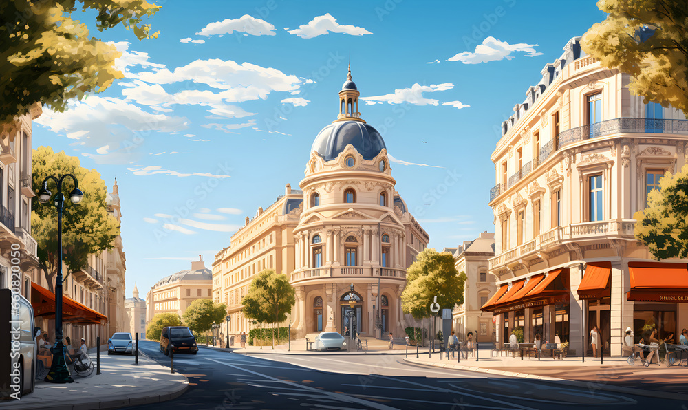 Landscape of Montpellier, France in illustration style, cannes city, presentation pictures, Illustration, Generative AI