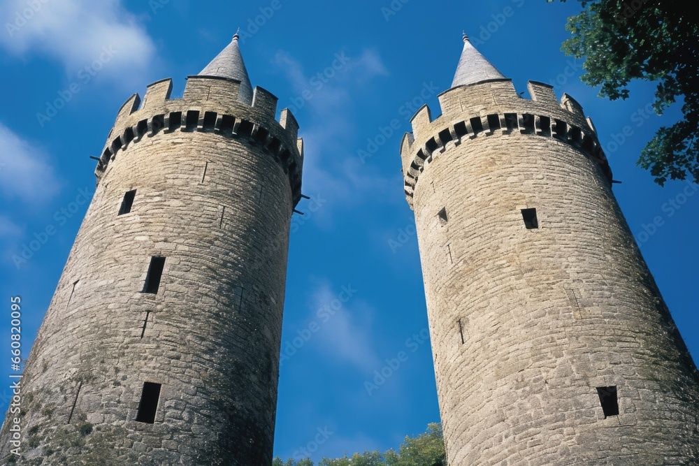 twin towers of a castle against a blue sky
