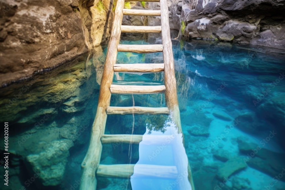 ladder leading into crystal clear spa water