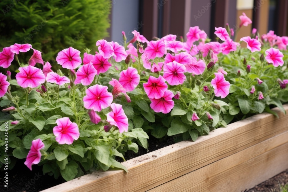 wooden raised flower bed filled with pink petunias