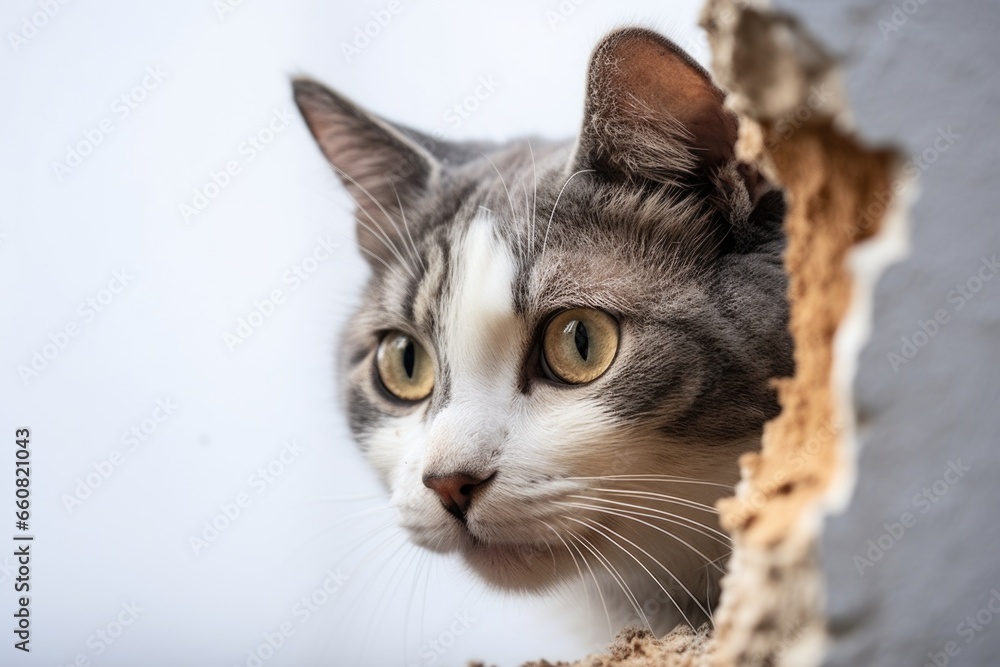 a cat focusing on a rodent hole in a wall