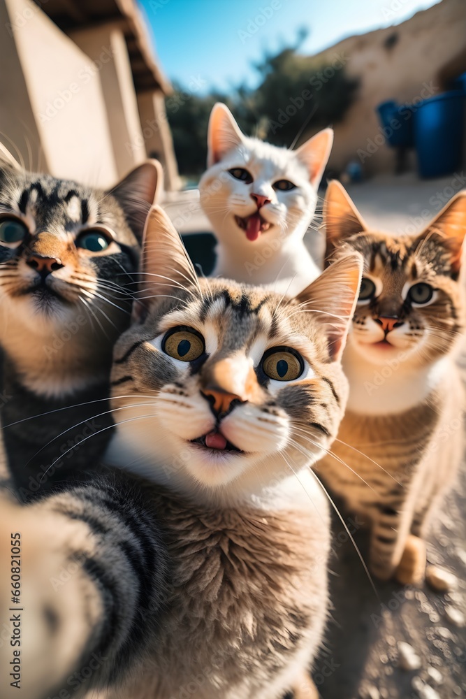 a group of smiling cats taking a selfie professional color grading soft shadows no contrast clear sharp focus national geographic photography unsplash 
