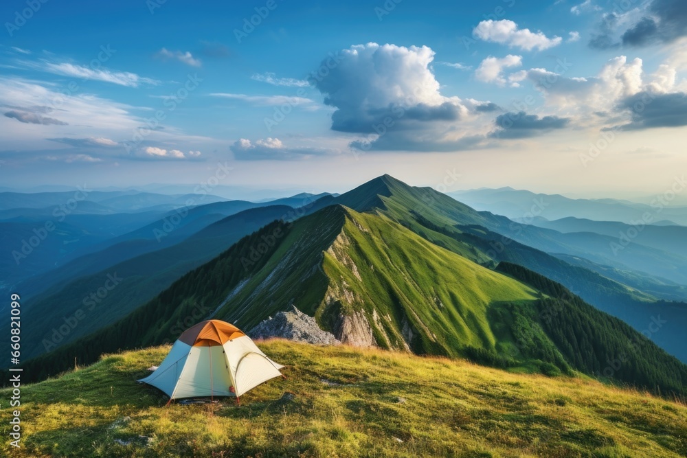 a single tent pitched on a mountain top