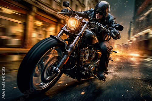 Biker on the black chopper at the street in the night. Blurred motion. Photorealistic illustration generated by Ai © Cheport