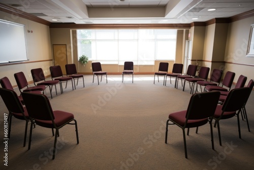 meeting room setup with empty chairs in circle