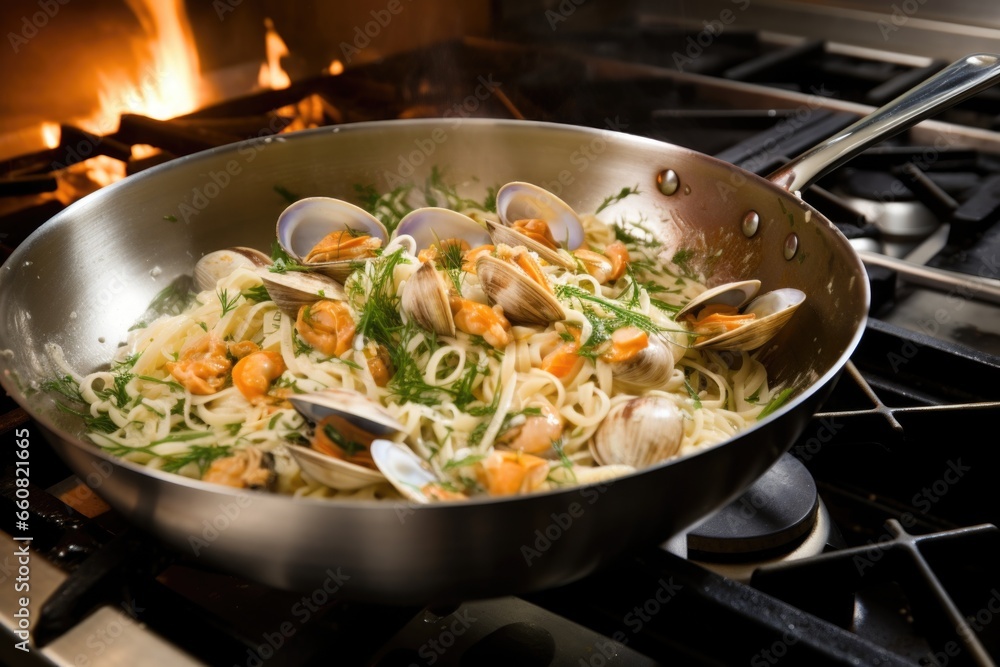 process of preparing clam pasta on a stove process of preparing clam pasta on a stove