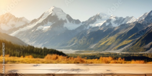 The empty wooden brown table top with blur background of Mount Cook landscape. Exuberant image. generative AI