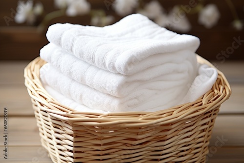 white washcloths in a wicker basket photo