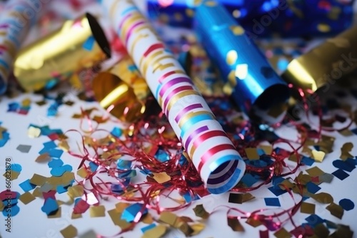 colorful party poppers and streamers for new years