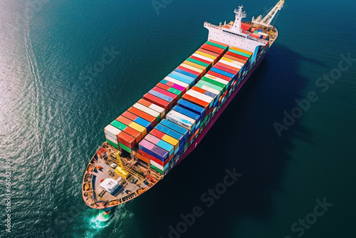 Aerial view of cargo ship in the sea, photorealistic illustration generated with an Ai