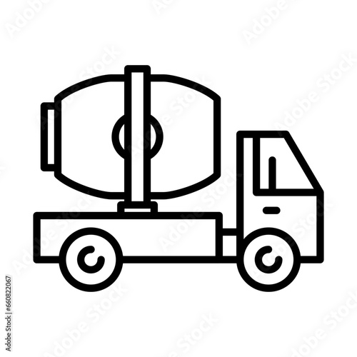 Concrete mixer truck construction machinery with black outline style. transportation, vehicle, construction, truck, machine, equipment, industrial. Vector illustration