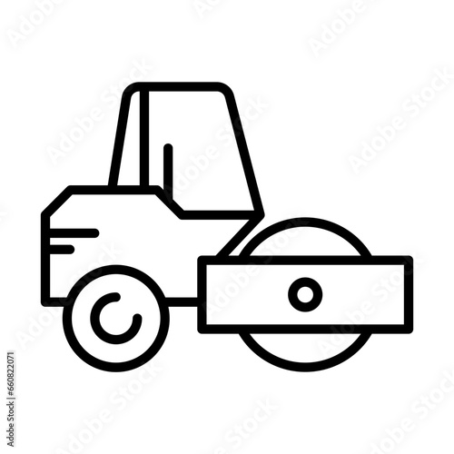 Road roller construction machinery with black outline style. construction, road, machinery, equipment, work, industrial, highway. Vector illustration
