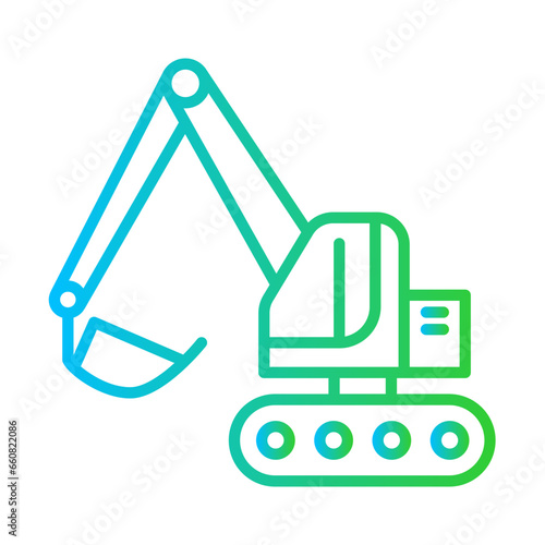 Exacavator construction machinery with blue and green gradient outline style. equipment, emblem, symbol, construction, work, industry, excavator. Vector illustration