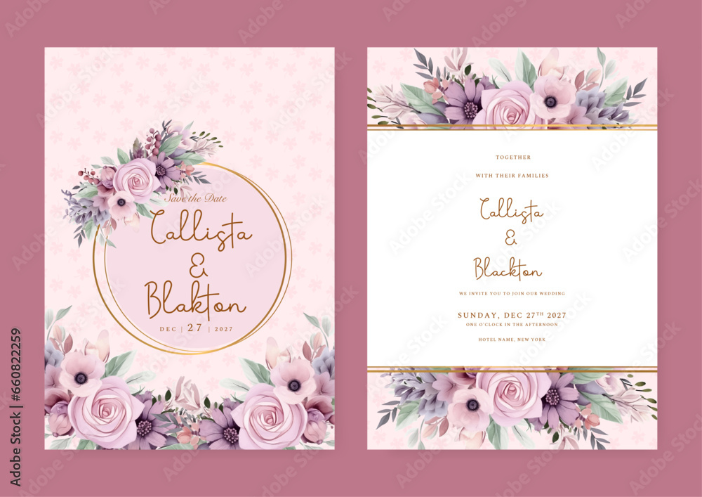 Pink and purple violet rose and poppy luxury wedding invitation with golden line art flower and botanical leaves, shapes, watercolor Pink and purple violet rose and poppy luxury wedding invitation with golden line art flower and botanical leaves, shapes, watercolor