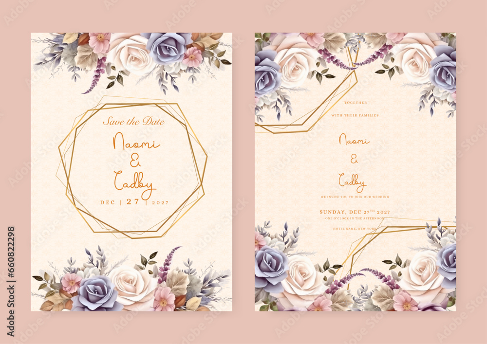 Blue and beige rose floral wedding invitation card template set with flowers frame decoration