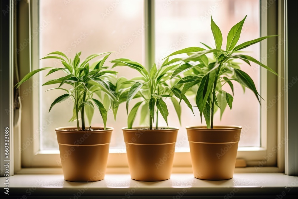 twin potted plants on a windowsill