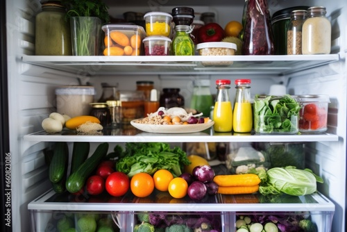 open fridge stocked with healthy, fresh groceries