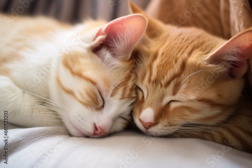 close-up shot of two cat siblings sleeping curled up together