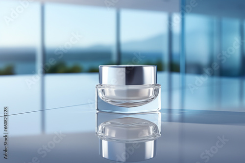 Mockup of elegant jar of cream on the minimalist studio background photo