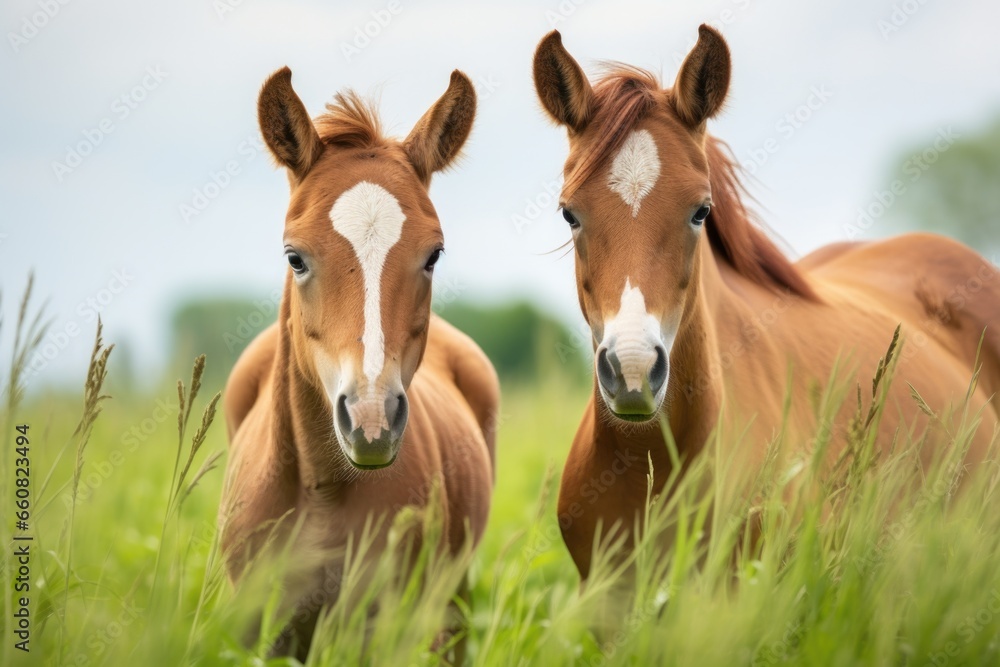 a pair of foal horses grazing together in the grass a pair of foal horses grazing together in the grass