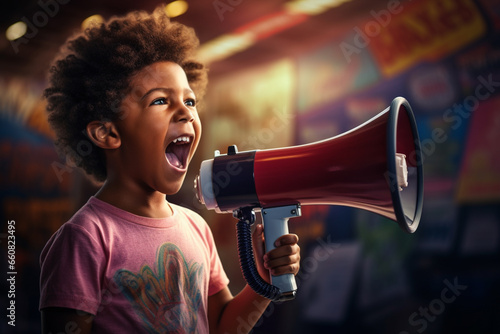 an african american child speaking with a megaphone