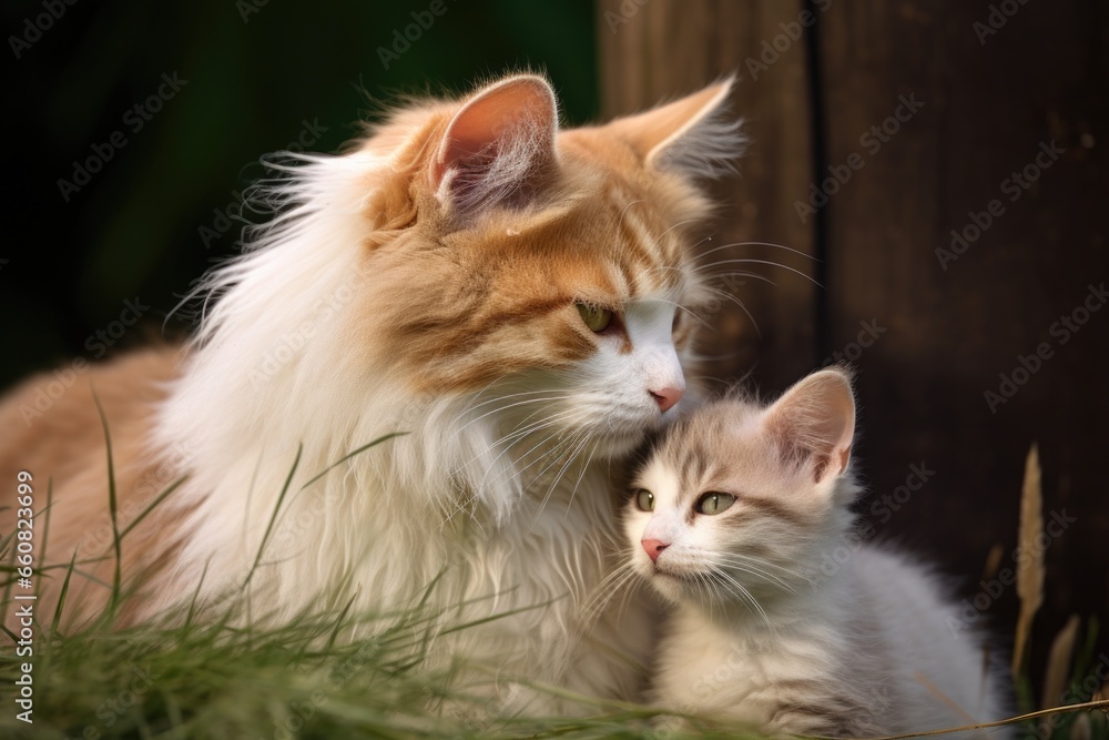 an older cat grooming a younger kitten