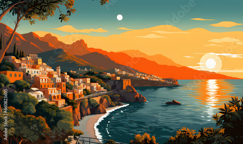 Amalfi coast scenery Italy in Illustration style,  presentation pictures, Illustration, Generative AI photo