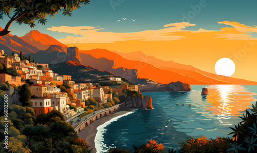 Amalfi coast scenery Italy in Illustration style, presentation pictures, Illustration, Generative AI