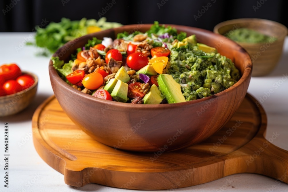 tossed avocado salad in a wooden serving bowl tossed avocado salad in a wooden serving bowl