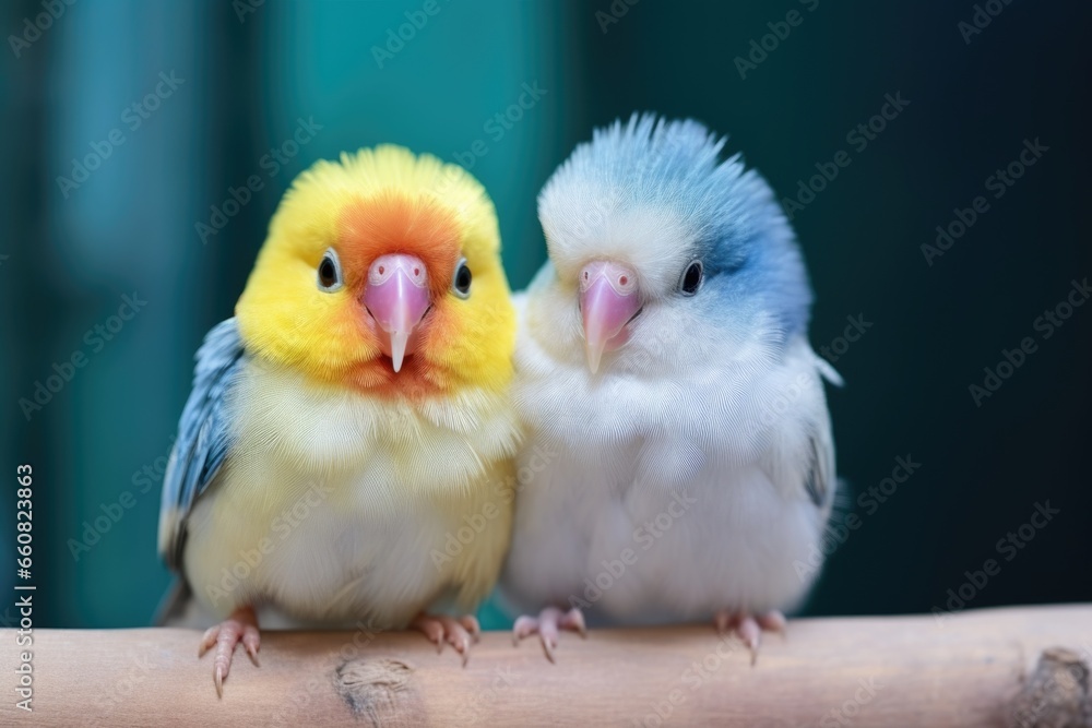 colorful parakeet siblings squawking in harmony