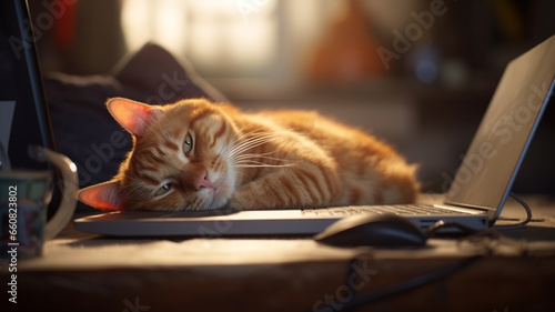 lazzy orange tabby cat lay down on laptop and looking to camera, AI Generative