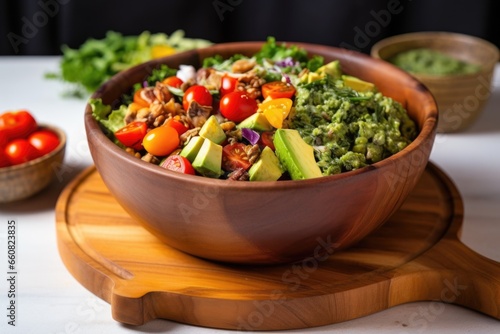 tossed avocado salad in a wooden serving bowl