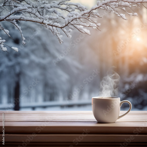 冬の寒い日に雪景色を眺めるコーヒーブレイク