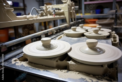 ceramic pieces in-progress on pottery wheels