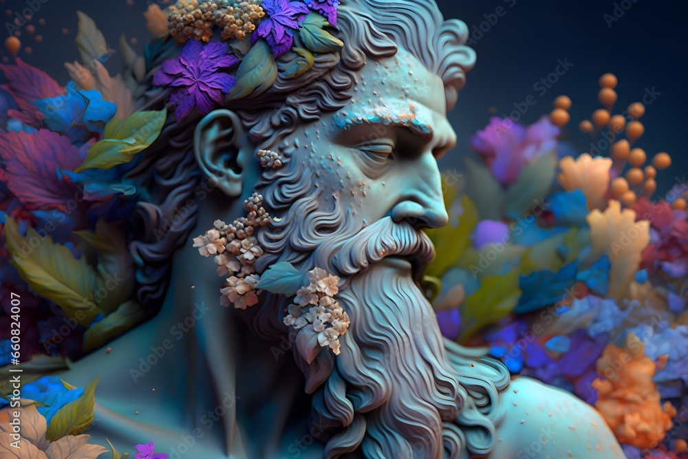a beautiful abstract plaster portrait close up sculpture of mythological zeus surrounded by tiny colorful flowers and millions of little plants 8k surreal art 