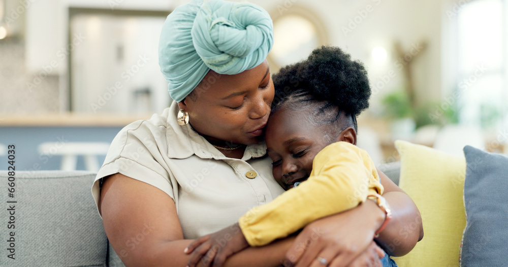 Mom, kiss or hug sleeping child on couch for love, care or console for comfort in lounge at home. Black woman, happy mother or embrace girl kid on lap for nap, support or relax on sofa in living room - obrazy, fototapety, plakaty 