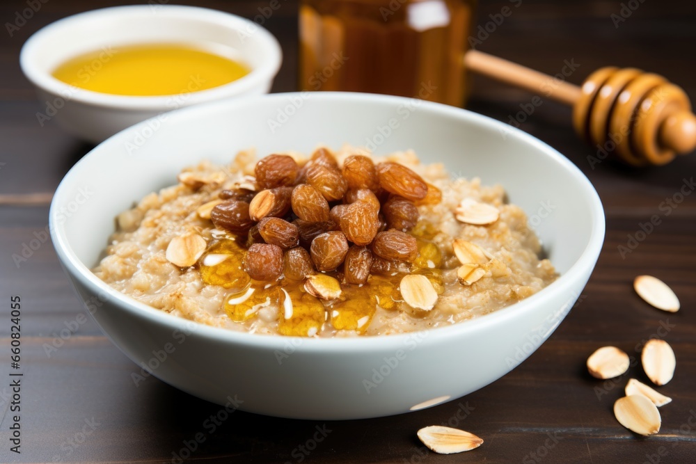 hot oatmeal topped with raisins and honey hot oatmeal topped with raisins and honey