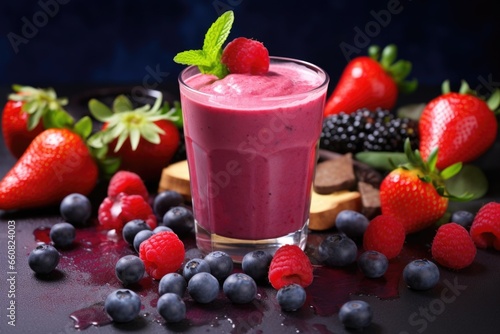 berry smoothie with fresh berries around