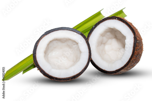 Coconut fruit with cut in half isolated on white background