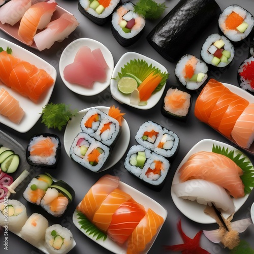 A plate of sushi rolls with a variety of fish and colorful garnishes2