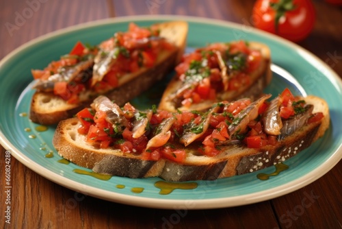 multiple slices of bruschetta topped with anchovies on a ceramic plate