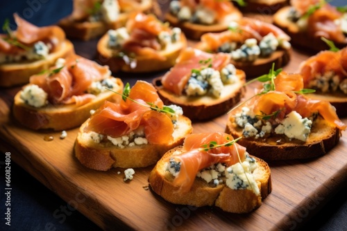 diagonal array of individual bruschettas with blue cheese