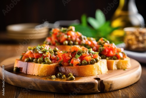 stacked bruschetta with capers on rustic wooden board