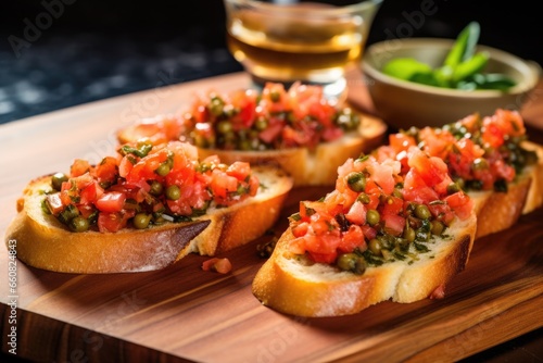 sliced bruschetta with capers on a glass board