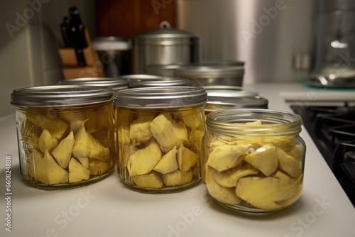 close up of canned artichoke hearts on a kitchen counter