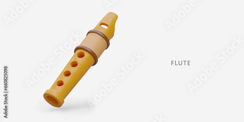 Realistic flute. Folk wind instrument. Record, woodwind. Horizontal poster on gray background. Advertisement of music school. Header for online store section