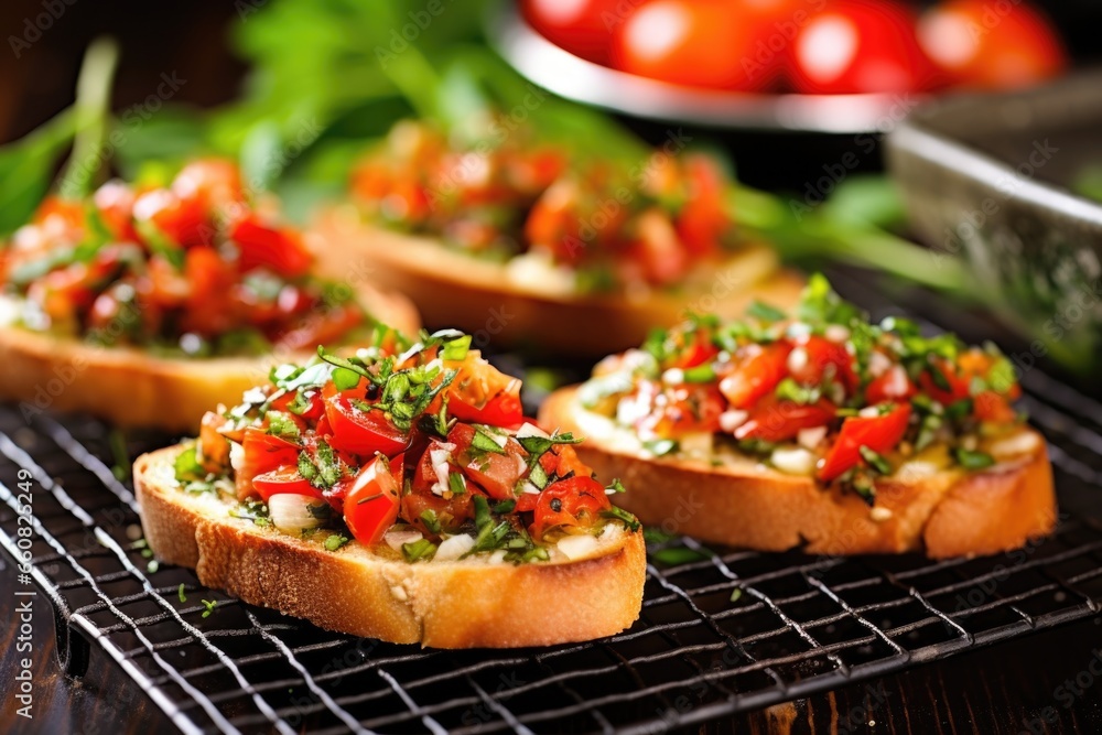 fresh-baked bruschetta on a cooling rack, topped with a sprig of thyme