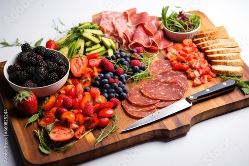 a board featuring bruschetta slices, fresh berries, and a knife